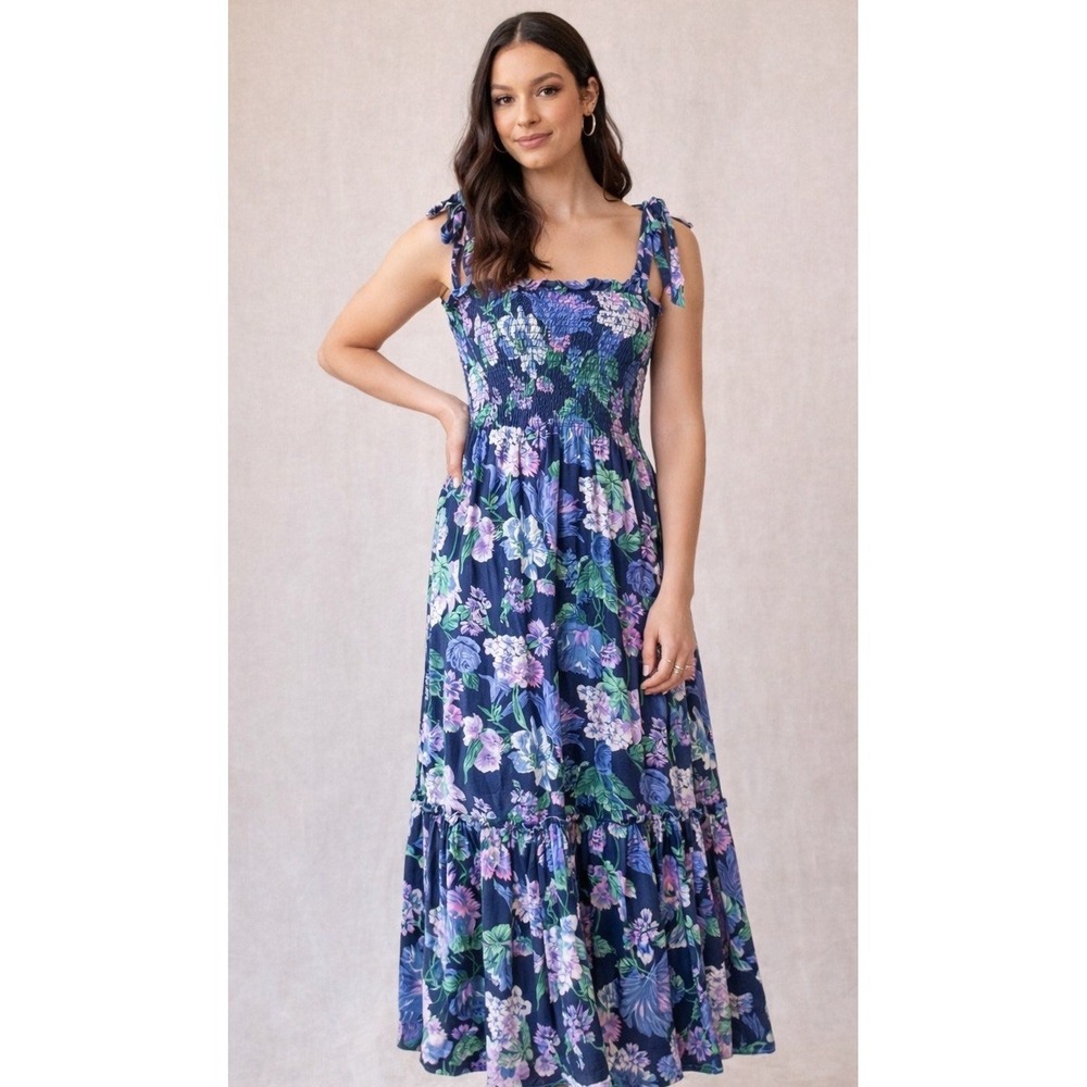 J.Crew Smocked Floral Midi Dress Tie Shoulder Cotton Blue Purple M Cottagecore